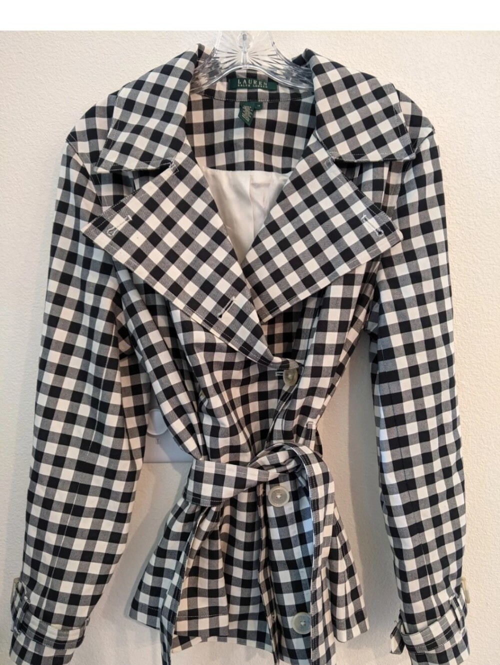 Lauren Ralph Lauren Black and White Gingham Trench Jacket Size 1X